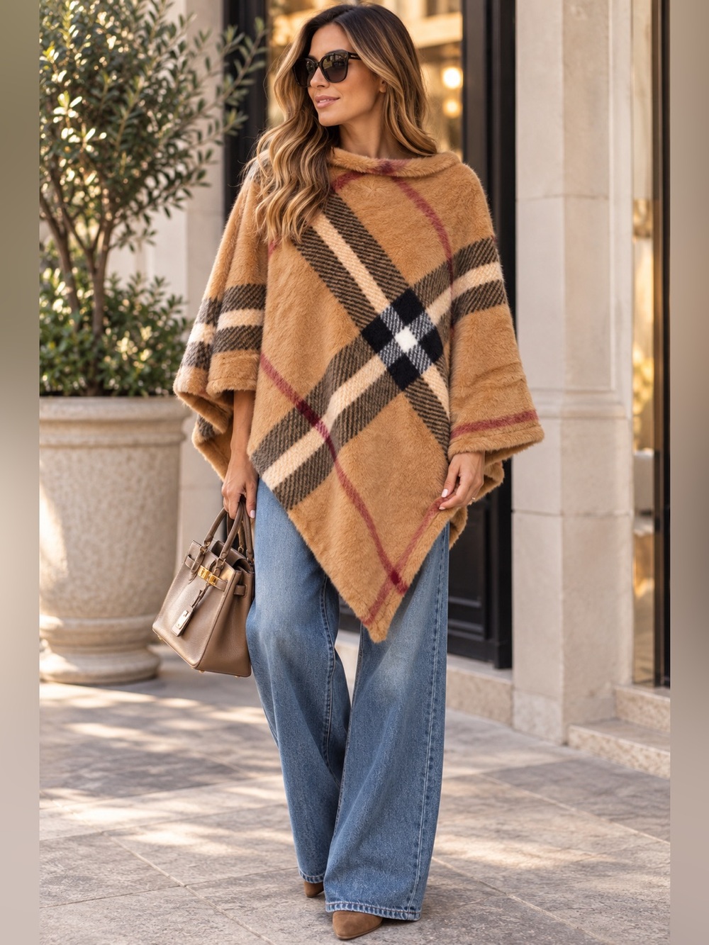 Plaid Tan Poncho Faux Fur Sweater